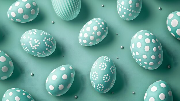 Photo elegant turquoise easter eggs with white polka dots on pastel background