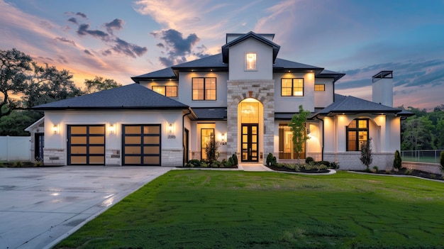 Elegant two story mansion featuring a big front yard and garage