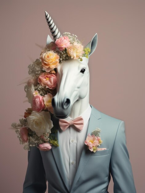 An elegant unicorn adorned with a floral bouquet and dressed in a suit