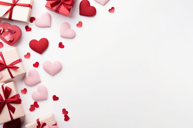 Элегантная плоская планировка ко Дню святого Валентина с сердечками, конфетти и подарками