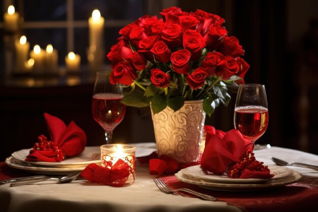 Elegant valentine39s day dinner setting with roses and wine