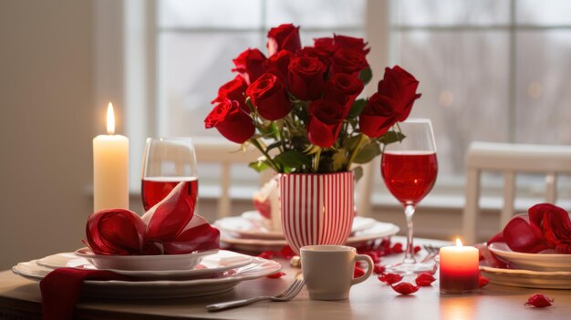 Elegant valentine39s day table setting with roses and wine