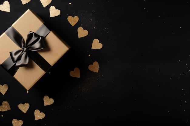 Foto elegant valentines mockup per la pianificazione flat lay stile carta nera copia spazio per il testo cuori d'oro