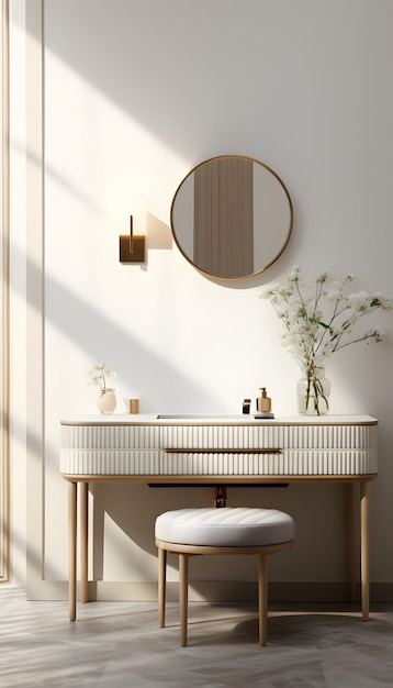 an elegant vanity and stool on white background in the style of minimalist lines