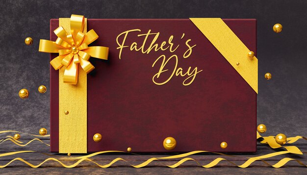 Elegant velvet greeting card with the word FATHERS DAY in maroon with golden spheres and bows around