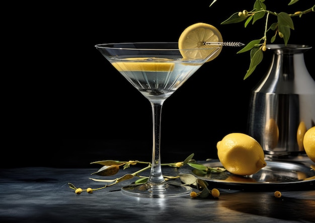 An elegant Vesper Martini cocktail served in a classic martini glass garnished with a lemon twist