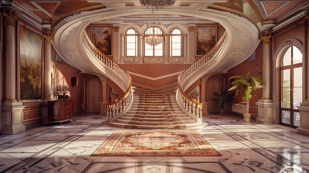 Элегантный фойе викторианского особняка с великолепной лестницей