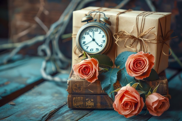 Photo elegant vintage gift box with alarm clock and beautiful roses on rustic wooden table