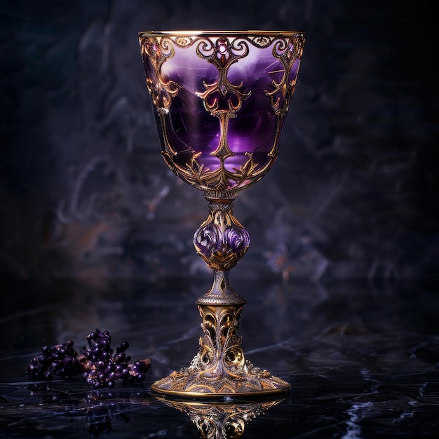 Elegant vintage goblet on a dark reflective surface