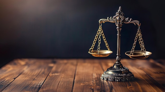 Elegant Vintage Scales of Justice Dramatic Lighting on Wooden Surface