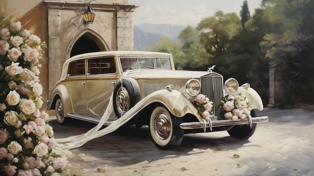 Элегантная винтажная картина маслом на свадебном автомобиле