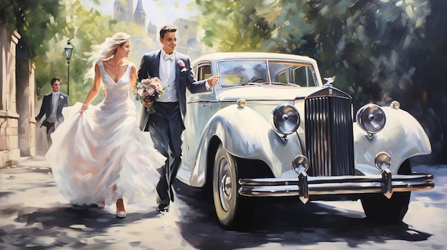 Elegant Vintage Wedding Car oil painting