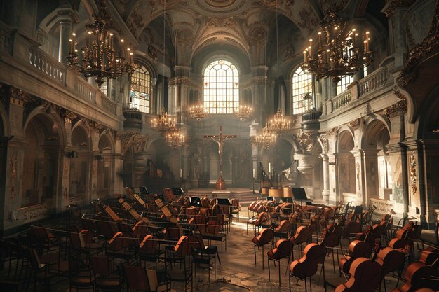 Foto elegante concerto di violino in una chiesa storica