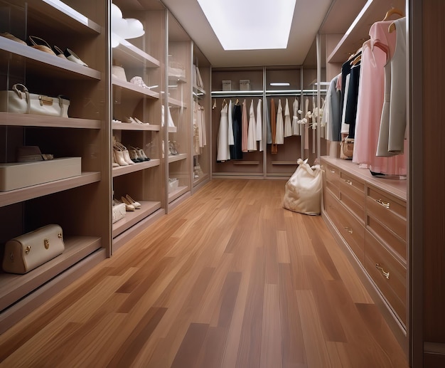 Elegant walkin closet filled with designer clothes and luxury handbags