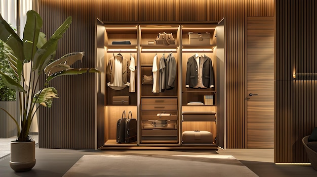 Elegant Walkin Closet in Modern Home Interior Luxurious Wardrobe Design Neatly Organized Clothes Warm Lighting AI