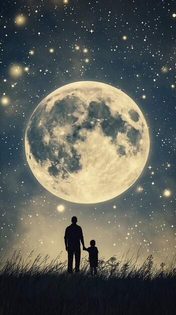 An elegant wallpaper with a father and child silhouette against a full moon