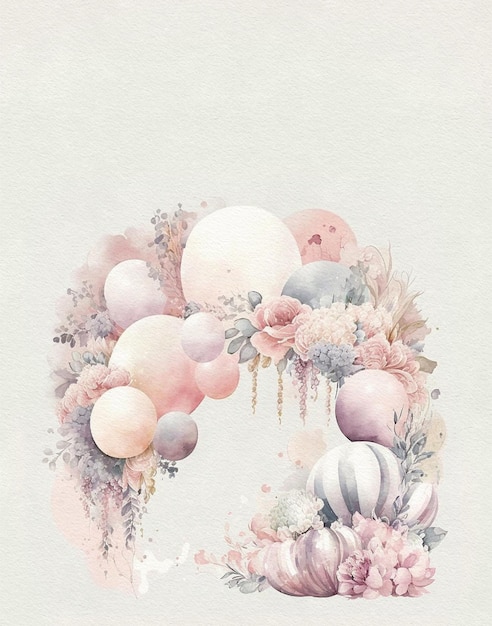 Elegant watercolor arch of balloons and flowers in delicate pastel colors, wedding arch, wedding inv