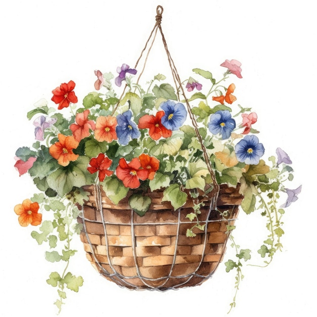 Elegant Watercolor Hanging Basket on White Background