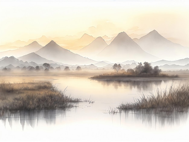 Elegant watercolor illustration landscape of wetland and mountain created with generative AI technology