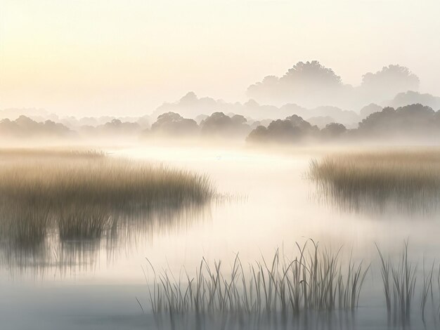 Elegant watercolor illustration landscape of wetland and mountain created with generative AI technology