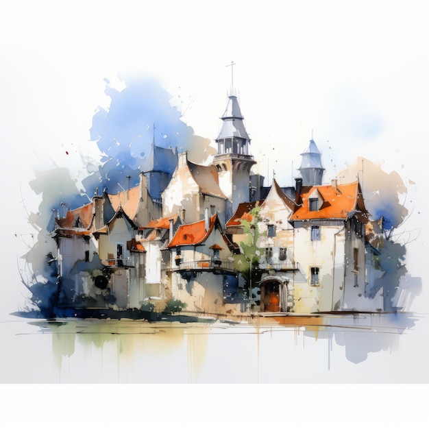 Elegant Watercolor Illustration Of An Old Village In Light Sketch Style