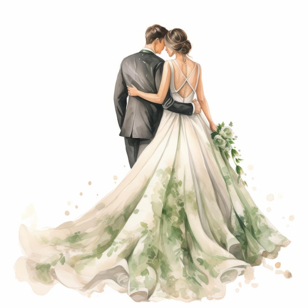 Elegant Watercolor Illustration Of Young Bride And Groom In White Wedding Gown