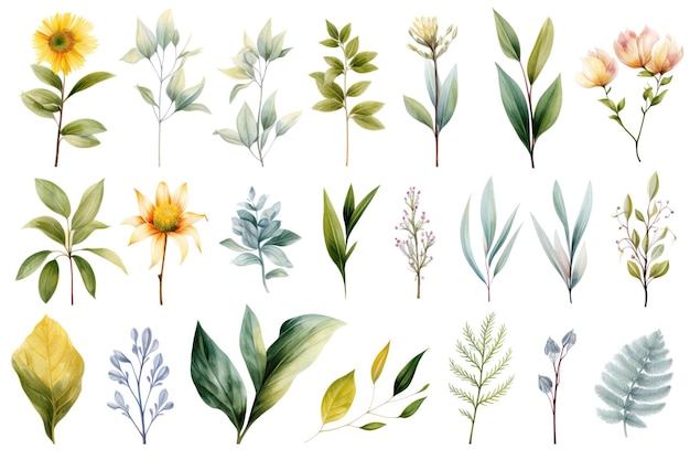 Elegant Watercolor Leaves and Flowers Clipart