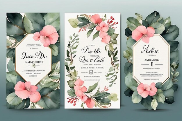 Photo elegant watercolor and leaves on wedding invitation card template