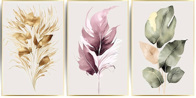 Elegant Watercolor Painting of Eucalyptus Leaves and Pampas Grass in Beige Sage and Gold Tones