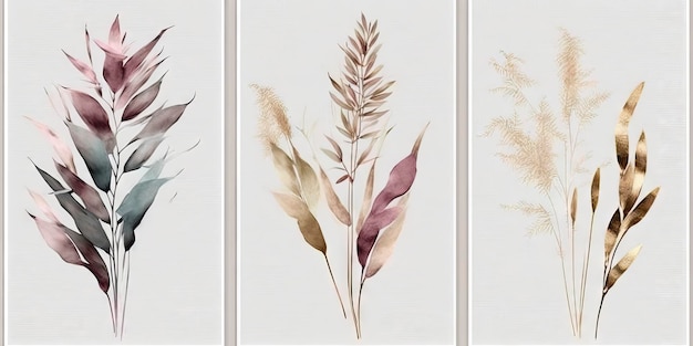 Elegant Watercolor Painting of Eucalyptus Leaves and Pampas Grass in Beige Sage and Gold Tones