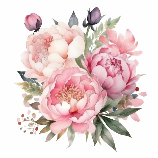 Elegant watercolor peony flower bouquet Illustration AI GenerativexA