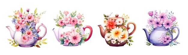 Photo elegant watercolor tea pots with flowers isolated on white