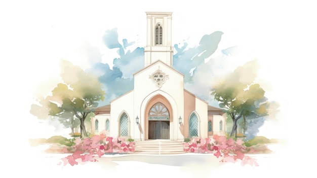 Elegant Watercolor Wedding Invitation with Chapel and Roses on White Background Generative AI