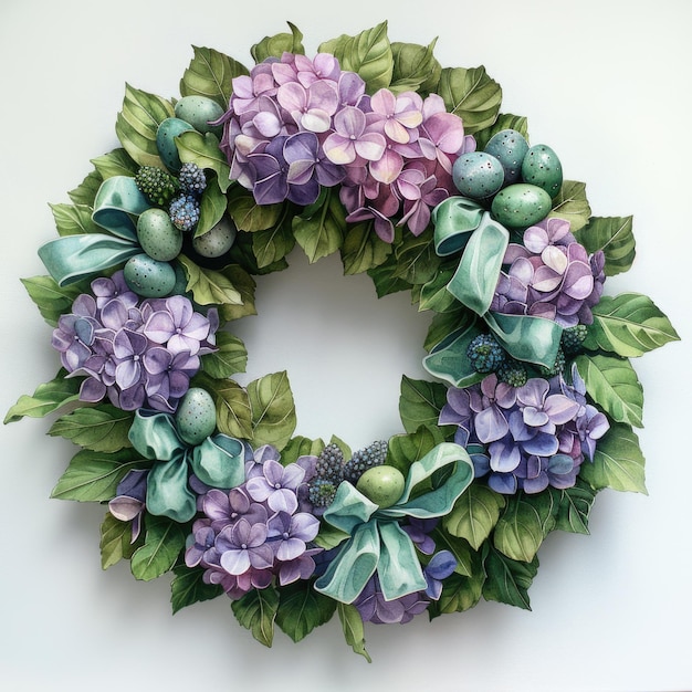 Elegant watercolor wreath with hydrangea flowers and easter eggs holiday floral concept