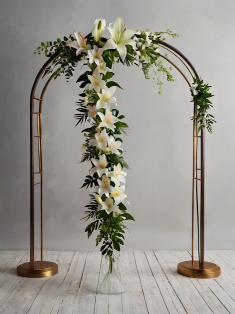 An elegant wedding arch adorned with cascading white lilies