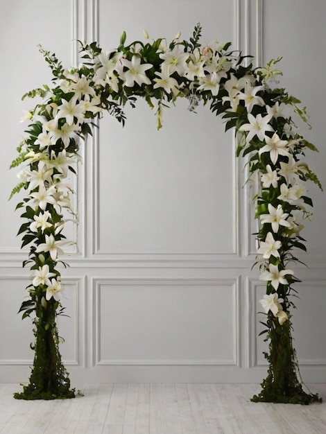 An elegant wedding arch adorned with cascading white lilies