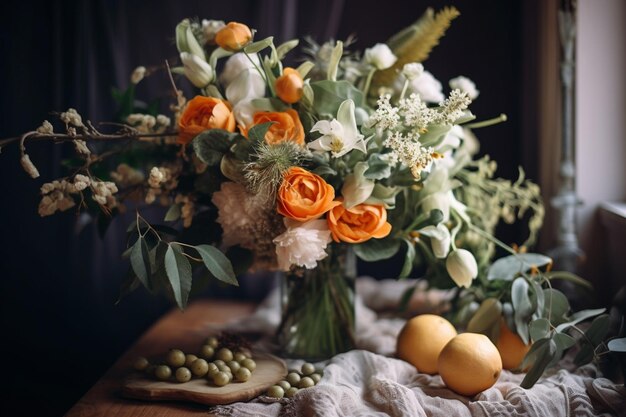 Elegant wedding bouquet of fresh natural flowers and green