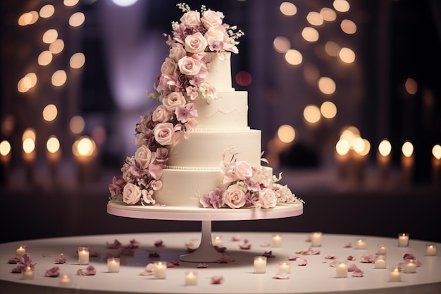 Elegant wedding cake adorned with pink roses amidst romantic candlelight
