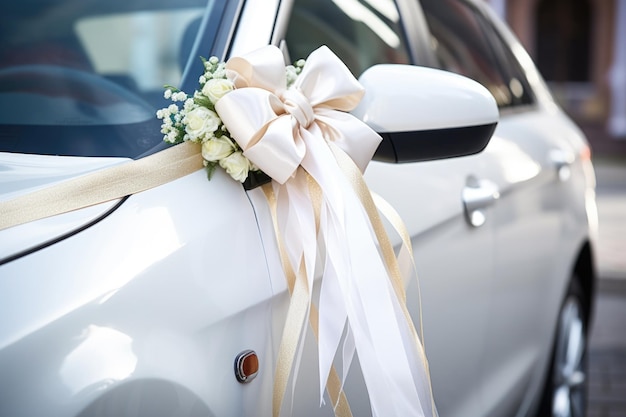 Foto un'elegante auto da matrimonio decorata con nastri