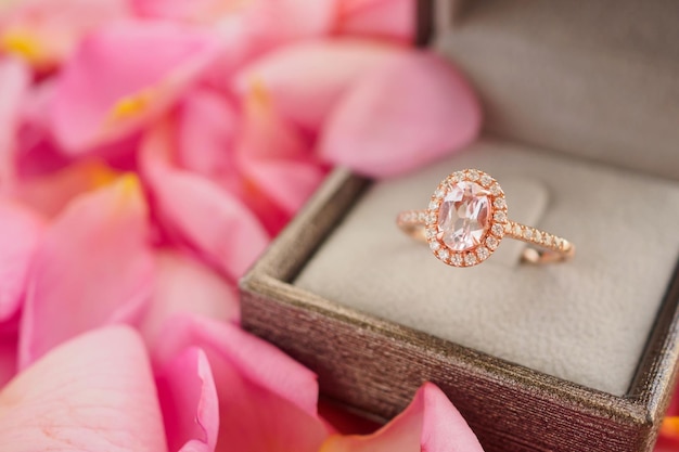 Elegant wedding diamond ring in jewelry box on beautiful pink rose petal background close up