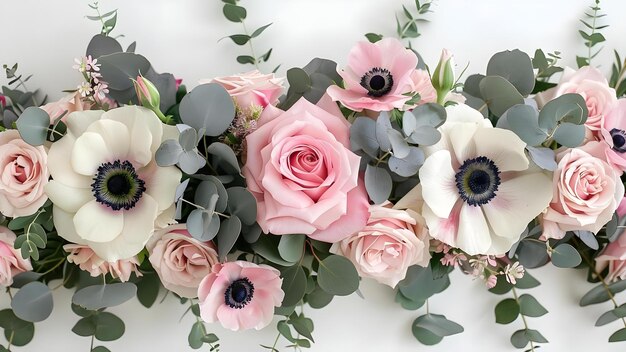 Photo elegant wedding floral arrangements pink roses anemones and eucalyptus on a white background concept wedding decor floral arrangements pink roses anemones eucalyptus white background