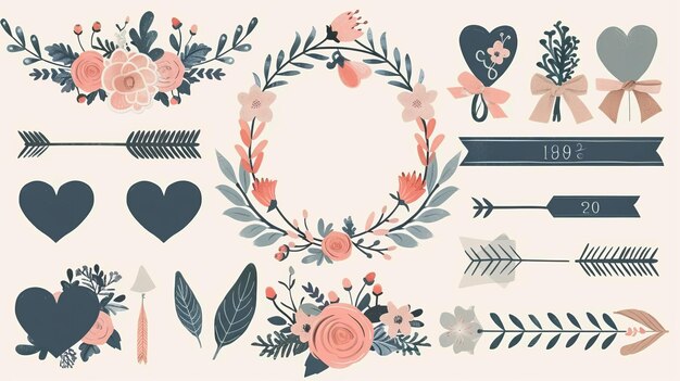 Photo an elegant wedding graphic set with roses arrows hearts laurel ribbons and labels