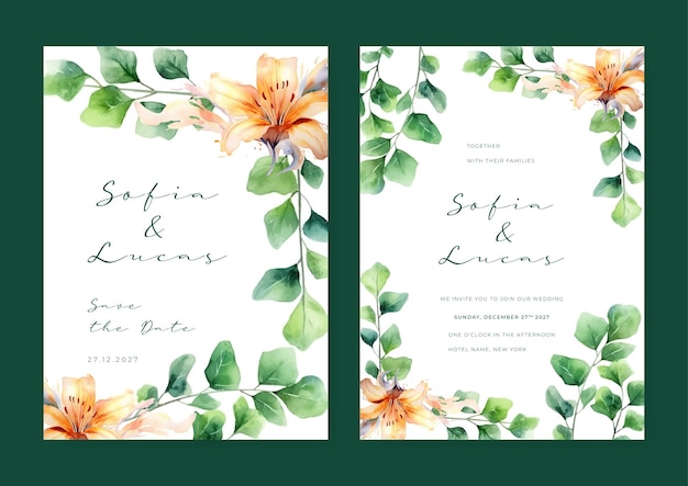 Elegant wedding invitation card template with watercolor and floral decoration
