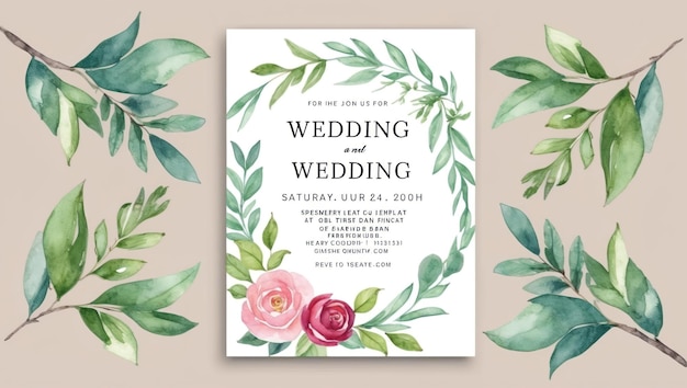 Elegant wedding invitation template with hand painted floral watercolor design