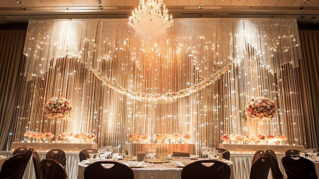 Photo elegant wedding reception hall with crystal beaded curtains and floral arrangements