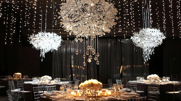 Elegant wedding reception hall with crystal chandeliers and twinkling lights