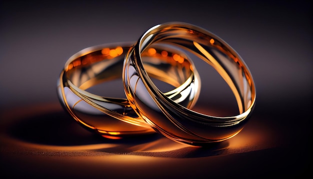 Elegant wedding rings are made of gold Closeup macro Dark background Al generated
