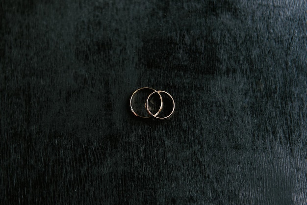 Elegant wedding rings for the bride and groom on a black background with highlights macro selective focus