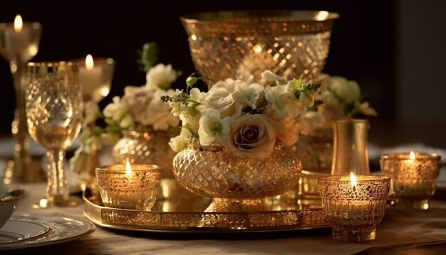 Elegant wedding table decoration with candlelight flowers and silverware generated by ai