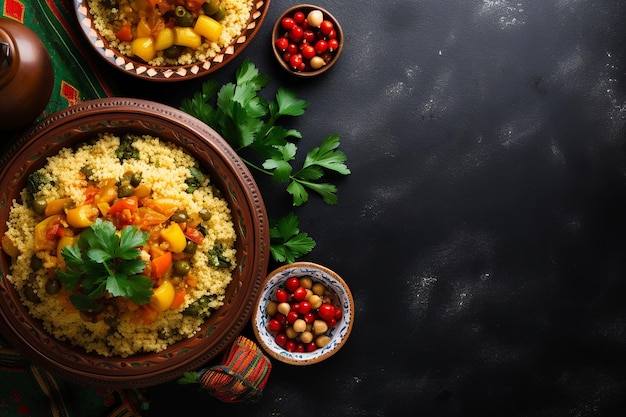 Elegant weergegeven Marokkaanse keuken Couscous en Tajine plat gelegd